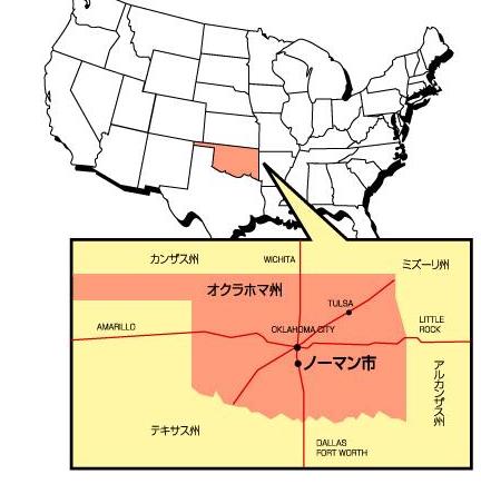 ノーマン市の位置図。アメリカ合衆国の地図の中にオクラホマ州の位置をピンク色で 色付けして表示している。オクラホマ州の中心より少し下にノーマン市を記載している。 また、オクラホマ州の周辺には、カンザス州、ミズーリ州、テキサス州、 アルカンザス州を記載している。