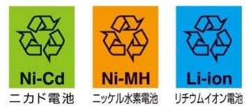 Ni-Cd ニカド電池、Ni-MH ニッケル水素電池、Li-ion リチウムイオン電池