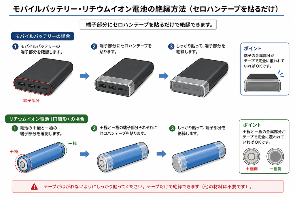 モバイルバッテリー・リチウムイオン電池の絶縁方法(セロハンテープを貼るだけ)、端子部分にセロハンテープを貼るだけで絶縁できます。モバイルバッテリーの場合1.モバイルバッテリーの端子部分を確認します。2.端子部分にセロハンテープを貼ります。3.しっかり貼って、端子部分を絶縁します。ポイント、端子の金属部分がテープで完全に覆われていればおっけいです。リチウムイオン電池(円筒系)の場合、1.電池のプラス極とマイナス極の端子部分を確認します。2.プラス極とマイナス極の端子部分にそれぞれにセロハンテープを貼ります。3.しっかり貼って、端子部分を絶縁します。ポイント、プラス極とマイナス極の金属部分がテープで完全に覆われていてばおっけいです。注意、テープがはがれないようにしっかり貼ってください。テープだけで絶縁できます。