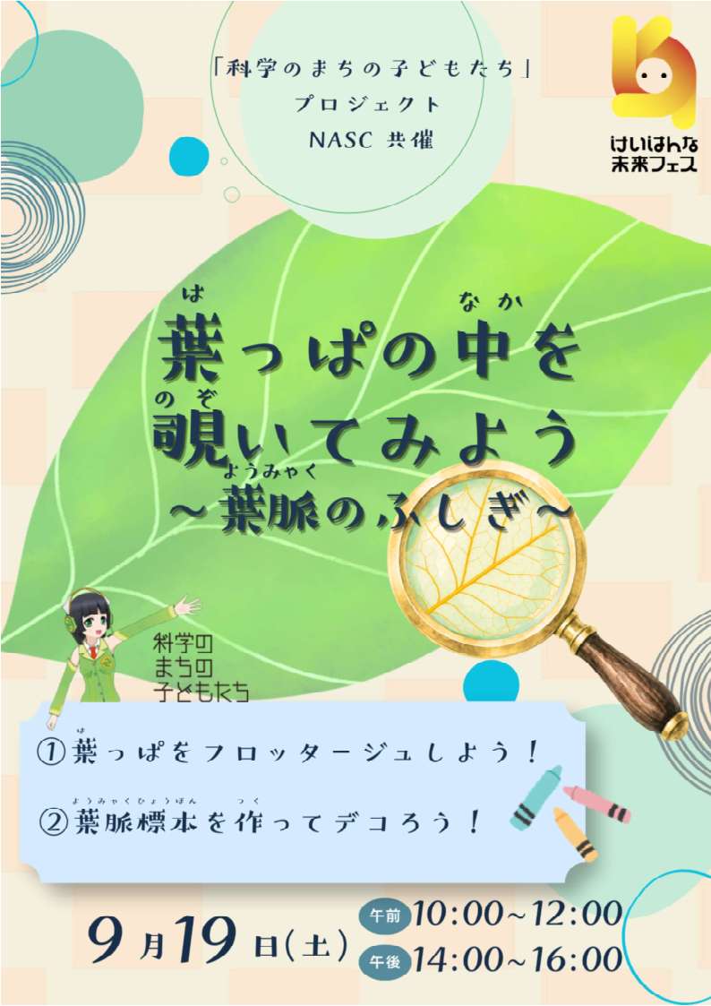 葉っぱの中を覗いてみよう、「科学のまちの子どもたち」プロジェクト、NASC共催、けいはんな未来フェス、情報は全て本文に記載)
