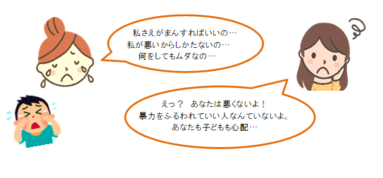 「私さえがまんすればいいの…私が悪いからしかたないの…何をしても無駄なの…」と泣いている女性に、「えっ？あなたは悪くないよ！暴力をふるわれていい人なんていないよ。あなたも子どもも心配…」と語る女性のイラスト