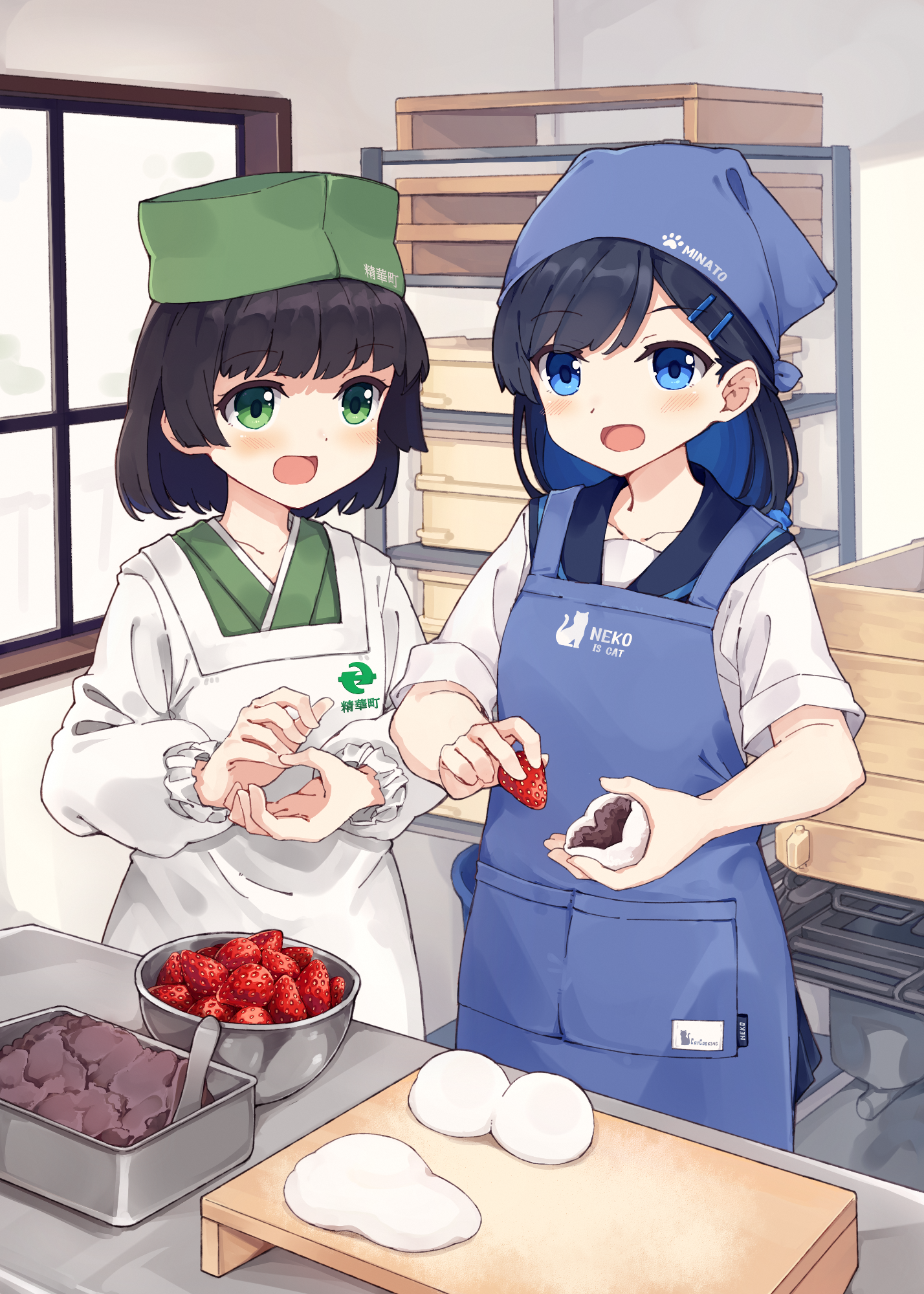 ふたば精華町で掲載するポスターのイラスト、京町セイカと双葉湊音がいちご大福を作る様子が描かれている